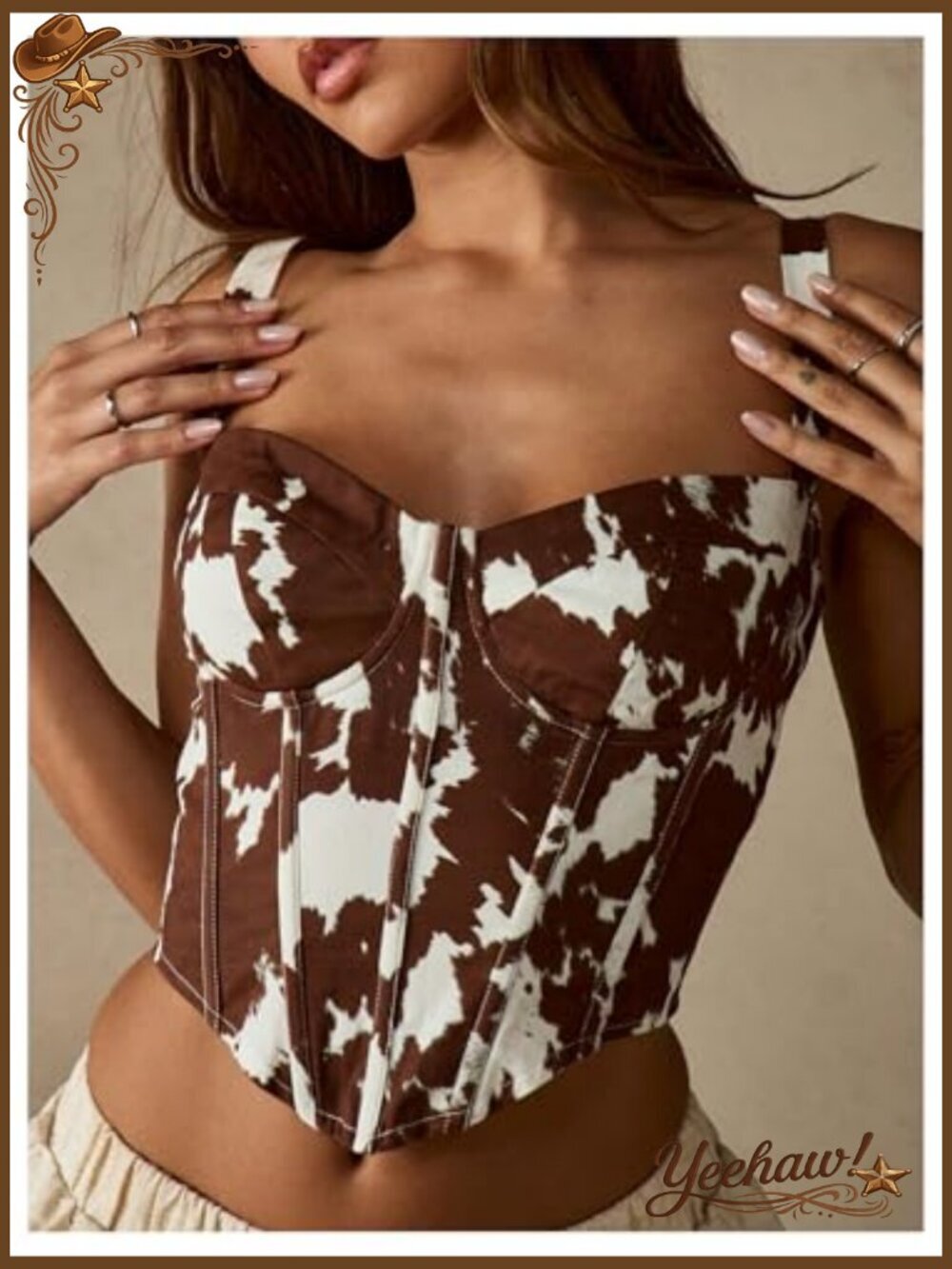 Western Cow Print Tank Top Sweetheart Neck Sleeveless Corset Style - Picture 2 of 4